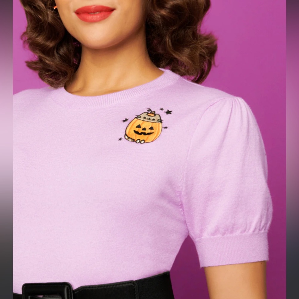 Halloween Pusheen Lavender Puff Sleeve Knit Top with Pumpkin Patch Embroidery